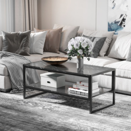 HOMCOM Elegant Two-Tier Coffee Table: Laminate Marble Print Top, Metal Frame, Foot Pads, 2 Shelves, Black - Aosom UK - thumbnail 2