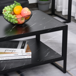 HOMCOM Elegant Two-Tier Coffee Table: Laminate Marble Print Top, Metal Frame, Foot Pads, 2 Shelves, Black - Aosom UK - thumbnail 7