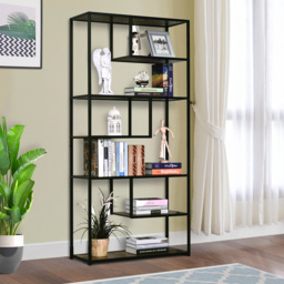 HOMCOM Wood Shelf Bookcase Industrial Style Stand 6-Staggered Shelf Living Room Display Rack Organiser - Aosom UK - thumbnail 2