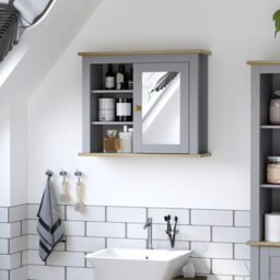 Kleankin Wall-Mounted Mirror Cabinet: Bathroom Storage with Door, Adjustable Shelf, Ideal for Hallways & Living Areas, Grey - Aosom UK - thumbnail 2