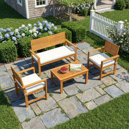 Outsunny 4 Seater Wooden Garden Furniture Set with Loveseat, Armchairs, Table, Acacia Wood Garden Sofa Set, Cream White - thumbnail 2