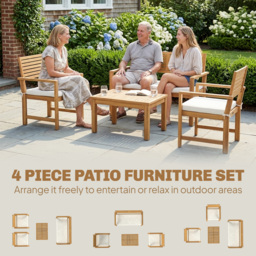 Outsunny 4 Seater Wooden Garden Furniture Set with Loveseat, Armchairs, Table, Acacia Wood Garden Sofa Set, Cream White - thumbnail 4