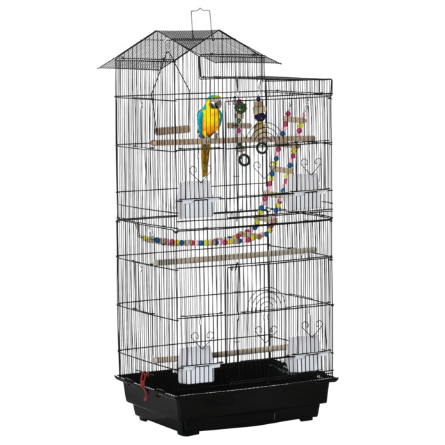 PawHut Bird Cage with Accessories, Suitable for Budgies, Finches, Canaries, Includes Toys, Tray, Handle, 46 x 36 x 100 cm, Black - Aosom UK - image 1