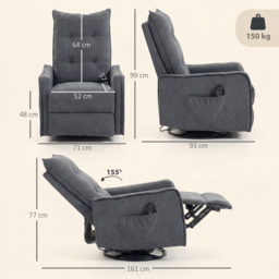 HOMCOM Recliner Armchair, Chenille Recliner Chair with Massage and Heat, 360° Swivel Rocking Manual Recliner, Dark Grey - thumbnail 3
