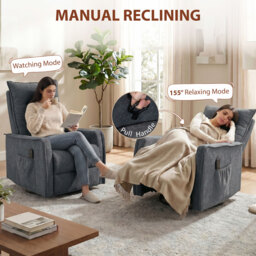 HOMCOM Recliner Armchair, Chenille Recliner Chair with Massage and Heat, 360° Swivel Rocking Manual Recliner, Dark Grey - thumbnail 5