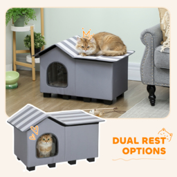 PawHut Outdoor Cat House, Weatherproof Feral Cat Cave with Elevated Base and Cushion for Winter, Grey - thumbnail 6