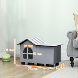 PawHut Outdoor Cat House, Weatherproof Feral Cat Cave with Elevated Base and Cushion for Winter, Grey - thumbnail 3