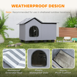 PawHut Outdoor Cat House, Weatherproof Feral Cat Cave with Elevated Base and Cushion for Winter, Grey - thumbnail 4