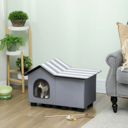 PawHut Outdoor Cat House, Weatherproof Feral Cat Cave with Elevated Base and Cushion for Winter, Grey - thumbnail 2