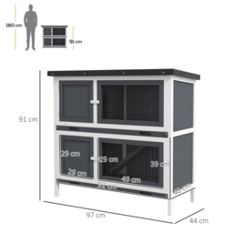 PawHut Double Decker Rabbit Hutch 2 Tier Guinea Pig House Pet Cage Outdoor with Sliding-out Tray, 100x47x91cm, Grey - thumbnail 3