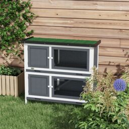 PawHut Double Decker Rabbit Hutch 2 Tier Guinea Pig House Pet Cage Outdoor with Sliding-out Tray, 100x47x91cm, Grey - thumbnail 8