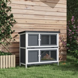 PawHut Double Decker Rabbit Hutch 2 Tier Guinea Pig House Pet Cage Outdoor with Sliding-out Tray, 100x47x91cm, Grey - thumbnail 2
