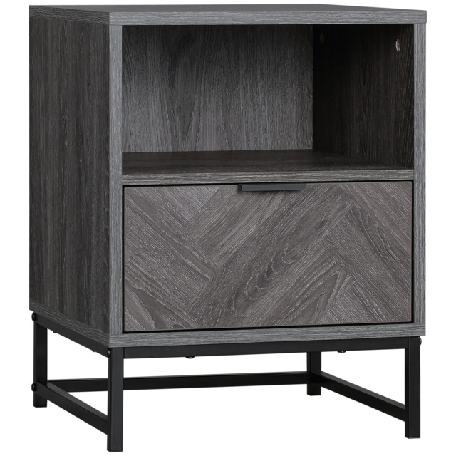 HOMCOM Bedside Table with Drawer and Shelf, Side End Table with Steel Legs for Living Room, Bedroom, Dark Grey - image 1