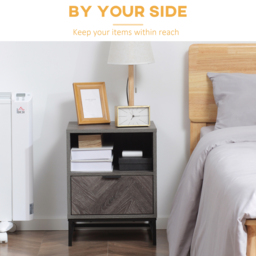 HOMCOM Bedside Table with Drawer and Shelf, Side End Table with Steel Legs for Living Room, Bedroom, Dark Grey - thumbnail 4