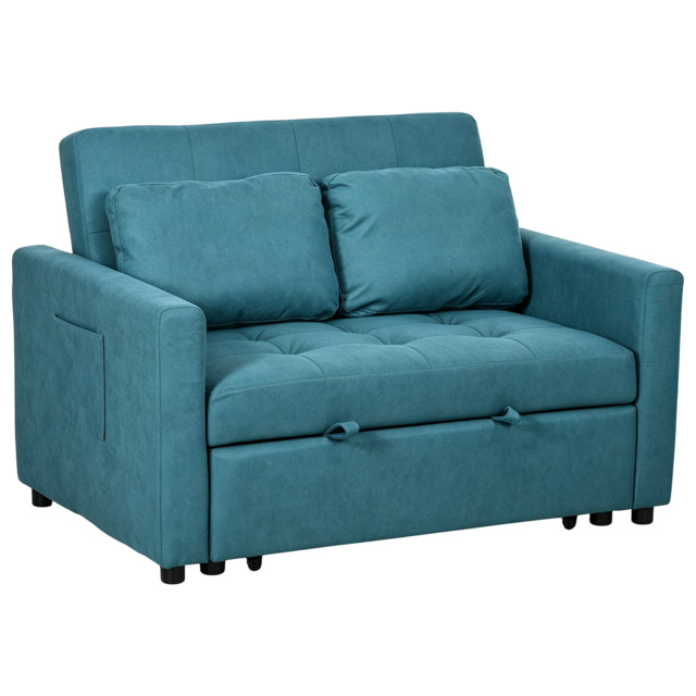 HOMCOM Loveseat Sofa Bed, Convertible Bed Settee with 2 Cushions, Side Pockets for Living Room, Guest Room, Blue - Aosom UK - image 1