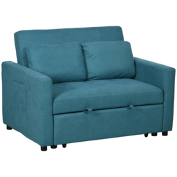 HOMCOM Loveseat Sofa Bed, Convertible Bed Settee with 2 Cushions, Side Pockets for Living Room, Guest Room, Blue - Aosom UK - thumbnail 1