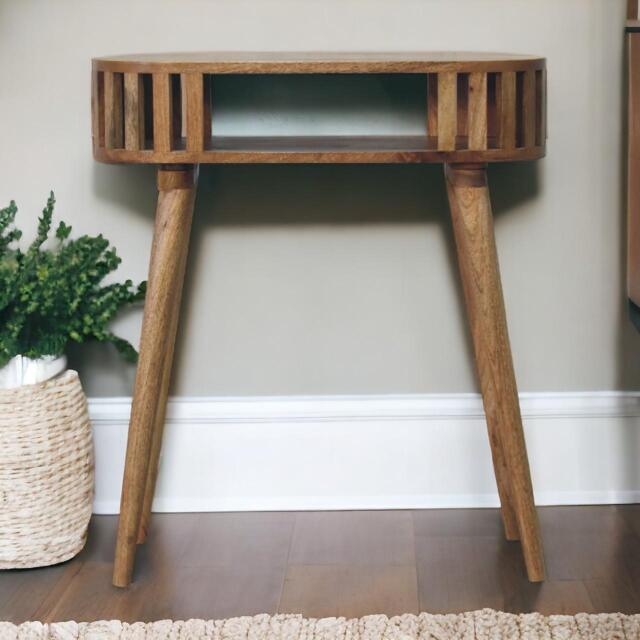 Solid Wood Ariella Console Table with Hand-finished and Open Shelf, Desk with Scandi-inspired Nordic Legs, 30L x 70W x 80H cm, Brown - Aosom UK - image 1