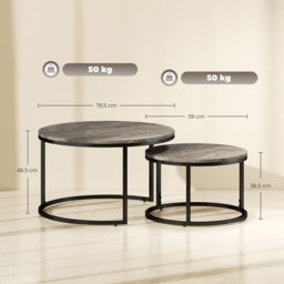 HOMCOM Industrial Nesting Coffee Table Set of 2, Round Coffee Tables, Living Room Table with Faux Marbled Top and Steel Frame - thumbnail 3