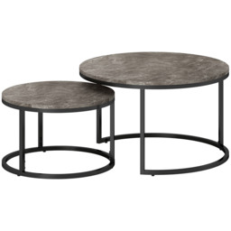 HOMCOM Industrial Nesting Coffee Table Set of 2, Round Coffee Tables, Living Room Table with Faux Marbled Top and Steel Frame - thumbnail 1