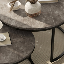 HOMCOM Industrial Nesting Coffee Table Set of 2, Round Coffee Tables, Living Room Table with Faux Marbled Top and Steel Frame - thumbnail 9