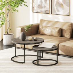 HOMCOM Industrial Nesting Coffee Table Set of 2, Round Coffee Tables, Living Room Table with Faux Marbled Top and Steel Frame - thumbnail 8