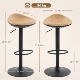HOMCOM Set of 2 Barstools PU Leather Kitchen Stools with Saddle Seat Height Adjustable Swivel Kitchen Chairs with Footrest Oak - thumbnail 3