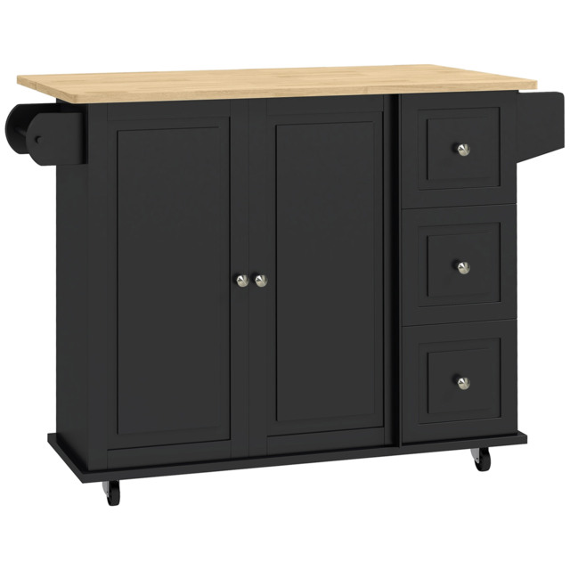 HOMCOM Kitchen Island with Drop Leaf, Rolling Kitchen Storage Trolley on Wheels with 3 Drawers, Black - image 1