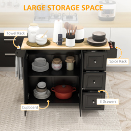 HOMCOM Kitchen Island with Drop Leaf, Rolling Kitchen Storage Trolley on Wheels with 3 Drawers, Black - thumbnail 4