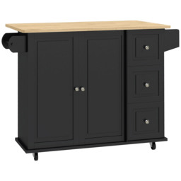 HOMCOM Kitchen Island with Drop Leaf, Rolling Kitchen Storage Trolley on Wheels with 3 Drawers, Black - thumbnail 1