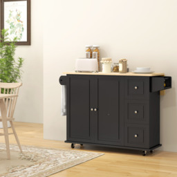 HOMCOM Kitchen Island with Drop Leaf, Rolling Kitchen Storage Trolley on Wheels with 3 Drawers, Black - thumbnail 8