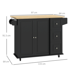 HOMCOM Kitchen Island with Drop Leaf, Rolling Kitchen Storage Trolley on Wheels with 3 Drawers, Black - thumbnail 3