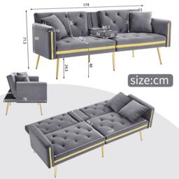 Two-Seater Convertible Sofa Bed with  Adjustable Backrest, Space-Saving Sleeper Sofa with High-Density Foam, 174L x 76W x 71.5H cm, Grey - Aosom UK - thumbnail 3