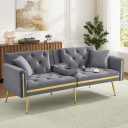 Two-Seater Convertible Sofa Bed with  Adjustable Backrest, Space-Saving Sleeper Sofa with High-Density Foam, 174L x 76W x 71.5H cm, Grey - Aosom UK