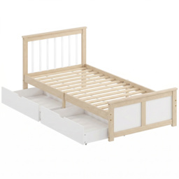 HOMCOM Pine Storage Bed, 3ft Single Solid Wooden Bed Frame with Drawers, Headboard, Wood Slat Support, Natural Wood Finish - thumbnail 1