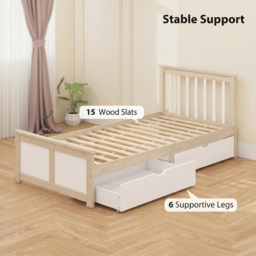 HOMCOM Pine Storage Bed, 3ft Single Solid Wooden Bed Frame with Drawers, Headboard, Wood Slat Support, Natural Wood Finish - thumbnail 5