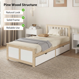 HOMCOM Pine Storage Bed, 3ft Single Solid Wooden Bed Frame with Drawers, Headboard, Wood Slat Support, Natural Wood Finish - thumbnail 4