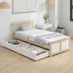 HOMCOM Pine Storage Bed, 3ft Single Solid Wooden Bed Frame with Drawers, Headboard, Wood Slat Support, Natural Wood Finish - thumbnail 2