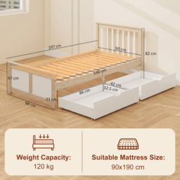 HOMCOM Pine Storage Bed, 3ft Single Solid Wooden Bed Frame with Drawers, Headboard, Wood Slat Support, Natural Wood Finish - thumbnail 3
