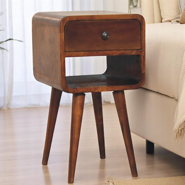100 % Solid Wood Mini Bedside Table with Drawer and Curved Open Shelf, Handcrafted Desk for Compact Storage, 30L x 30W x 55H cm, Brown - Aosom UK - image 1