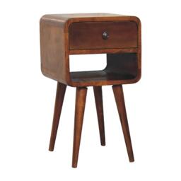 100 % Solid Wood Mini Bedside Table with Drawer and Curved Open Shelf, Handcrafted Desk for Compact Storage, 30L x 30W x 55H cm, Brown - Aosom UK - thumbnail 6