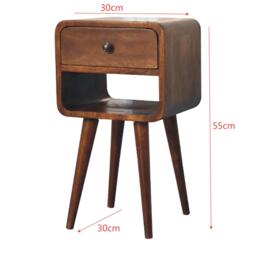 100 % Solid Wood Mini Bedside Table with Drawer and Curved Open Shelf, Handcrafted Desk for Compact Storage, 30L x 30W x 55H cm, Brown - Aosom UK - thumbnail 3