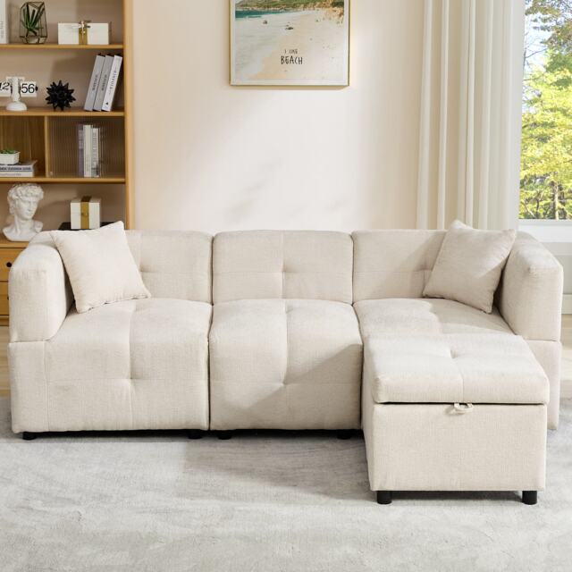 L-Shaped Sectional Sofa with Removable Storage Ottoman and 2 Pillows, Fabric Upholstery Sofa for Living Room, 204L x 68W x 69H cm, Beige - Aosom.UK - image 1
