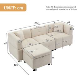L-Shaped Sectional Sofa with Removable Storage Ottoman and 2 Pillows, Fabric Upholstery Sofa for Living Room, 204L x 68W x 69H cm, Beige - Aosom.UK - thumbnail 3