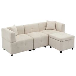 L-Shaped Sectional Sofa with Removable Storage Ottoman and 2 Pillows, Fabric Upholstery Sofa for Living Room, 204L x 68W x 69H cm, Beige - Aosom.UK - thumbnail 2