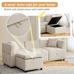 L-Shaped Sectional Sofa with Removable Storage Ottoman and 2 Pillows, Fabric Upholstery Sofa for Living Room, 204L x 68W x 69H cm, Beige - Aosom.UK - thumbnail 4