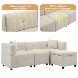 L-Shaped Sectional Sofa with Removable Storage Ottoman and 2 Pillows, Fabric Upholstery Sofa for Living Room, 204L x 68W x 69H cm, Beige - Aosom.UK - thumbnail 6