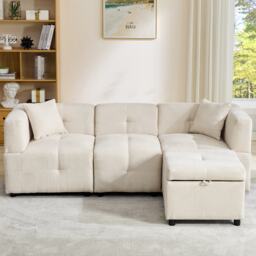 L-Shaped Sectional Sofa with Removable Storage Ottoman and 2 Pillows, Fabric Upholstery Sofa for Living Room, 204L x 68W x 69H cm, Beige - Aosom.UK - thumbnail 1