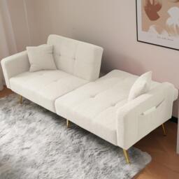 Convertible Sofa Bed with Adjustable Backrest, Sherpa Fabric, Gold Legs, Loveseat with Side Storage Pockets, 176L x 64W x 75H cm, White - Aosom.UK - thumbnail 5