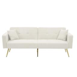 Convertible Sofa Bed with Adjustable Backrest, Sherpa Fabric, Gold Legs, Loveseat with Side Storage Pockets, 176L x 64W x 75H cm, White - Aosom.UK - thumbnail 2