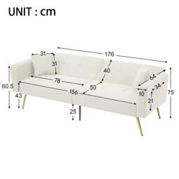 Convertible Sofa Bed with Adjustable Backrest, Sherpa Fabric, Gold Legs, Loveseat with Side Storage Pockets, 176L x 64W x 75H cm, White - Aosom.UK - thumbnail 3